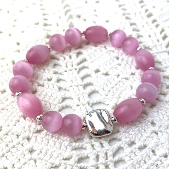 Rose Pink Glass Beaded Silver Accents Bracelet - Picture 2 of 3